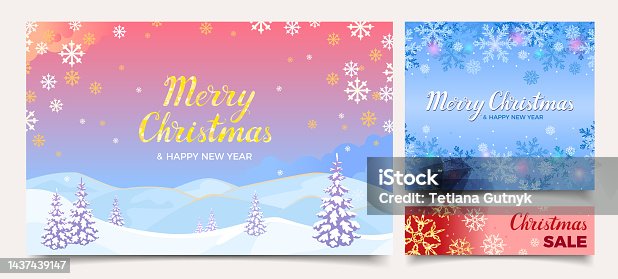 istock Winter backgrounds set. Christmas banners, cards and discounts. Bright vector illustrations with snowy landscape and snowflakes. 1437439147