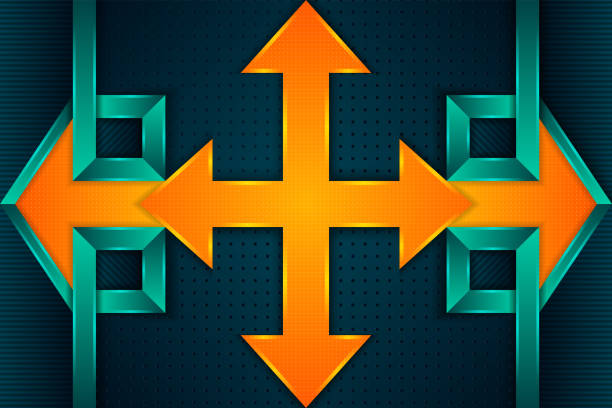 ilustrações de stock, clip art, desenhos animados e ícones de techno rectangular geometric greeble symbol of cross from four arrows with central direction icon - greeble