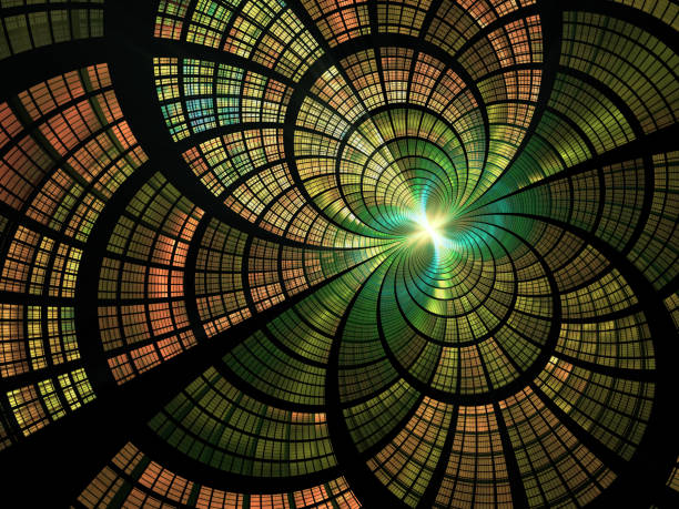 fondo de arte fractal abstracto, que quizás sugiere miles de vidrieras. - fractal concentric light abstract fotografías e imágenes de stock
