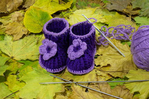 A pair of knitted children's shoes in blue and lilac on yellow autumn leaves. Close-up