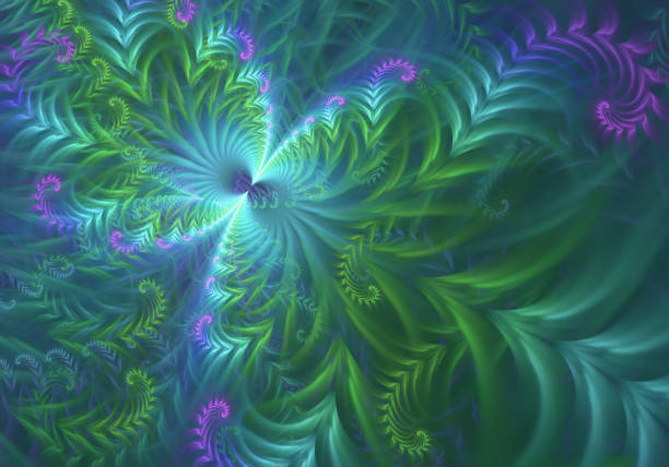 Abstract fractal art background, which perhaps suggests ferns, in green, blue, turquoise and purple.