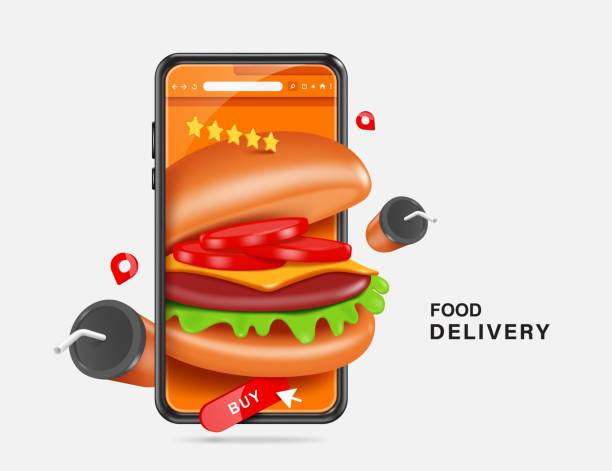 illustrations, cliparts, dessins animés et icônes de hamburger farci au rôti de bœuf, fromage, tomates et laitue verte affiché sur l’écran du smartphone - hamburger refreshment hot dog bun