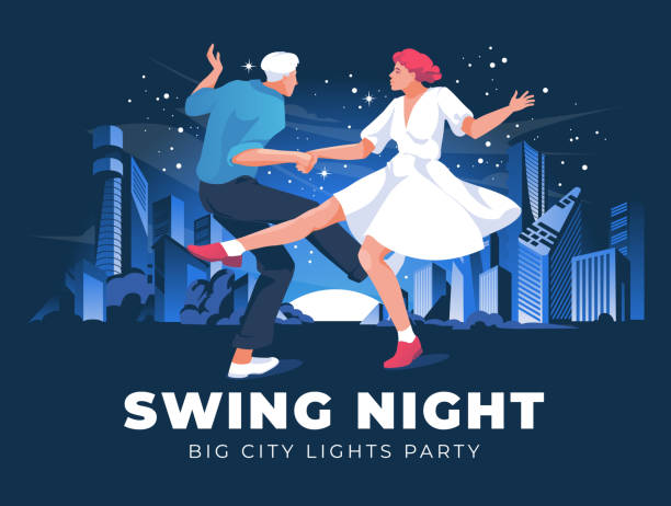 swing dancing couple against the background of the night landscape of the big city. Dance club in retro style. Vector flat illustration swing dancing couple against the background of the night landscape of the big city. Dance club in retro style. Vector flat illustration 60s style dresses stock illustrations