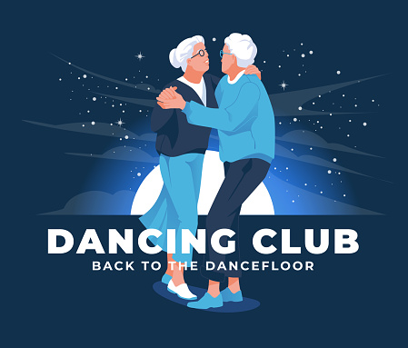 An elderly couple is dancing together against the background of a dark night and a big moon. Advertisement of a club event. vector flat illustration