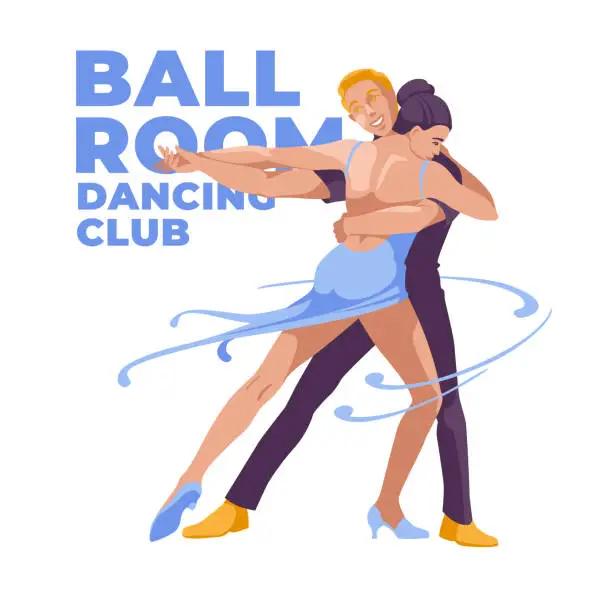 Vector illustration of young couple dancing ballroom dance together. Advertisement of club dances. Dancing school. Isolated on white background vector flat illustration