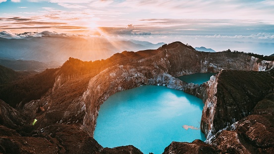 An aerial view of Kelimutu volcano and its crater lake in Indonesia
