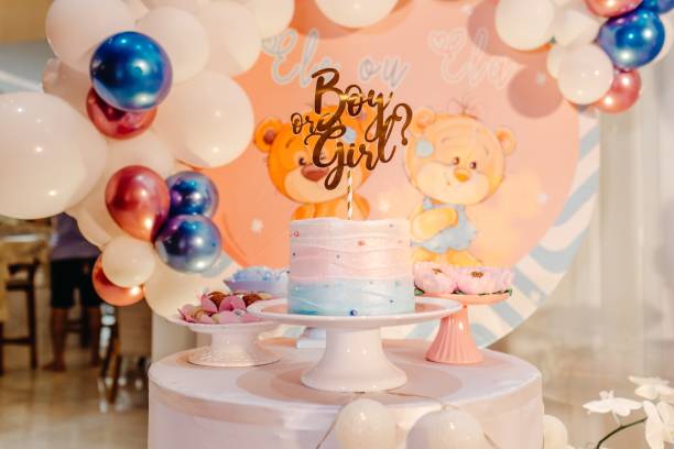 istock Table with cake sweets and balloons for a gender revealing party 1437447638