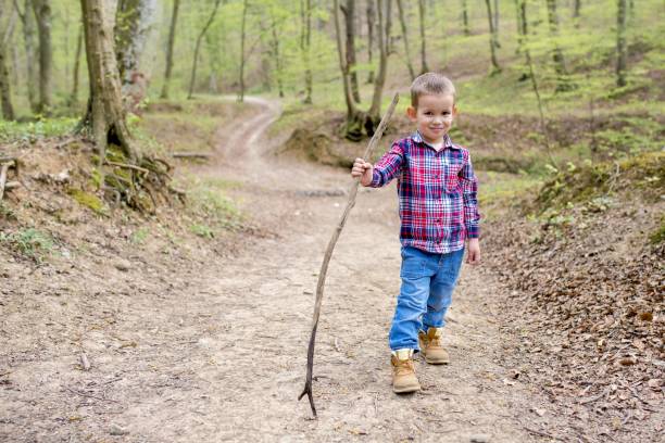 istock Adorable little boy playing with a stick in a park at daytime 1437449228