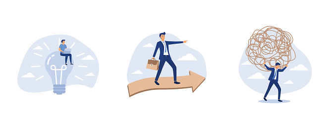 creative idea to solve work problem, business moving forward to achieve success, tried exhausted businessman carrying heavy messy line on his back, set flat vector modern illustration