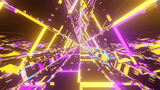 A 3D rendering of yellow and purple lines forming a triangle on the dark - futuristic concept