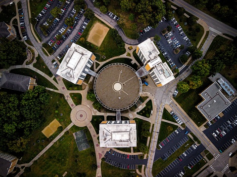 Kent, United States – October 04, 2021: Aerial shot of Dorms, Roads, Halls, and the Library at Kent State University