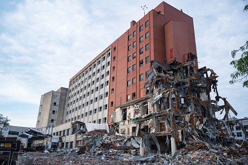 Fort Wayne, United States – July 23, 2022: Demolition of St Joseph hospital in downtown Fort Wayne Indiana