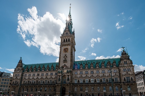 – May 21, 2022: Frontview of the Hamburg City Hall. It is the seat of local government of the Free and Hanseatic City of Hamburg, Germany.