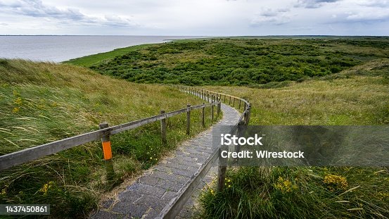 istock Stone narrow pathway between green grass meadow on hills 1437450861