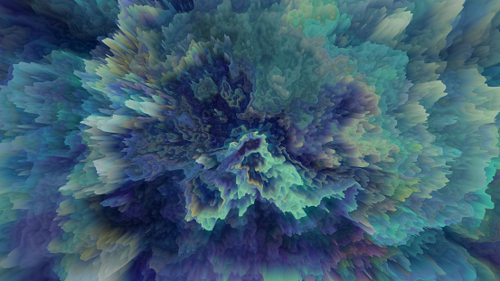 Abstract 3D background of fractal turbulence, perhaps suggesting underwater coral. Pixel sorting. Glitch art.