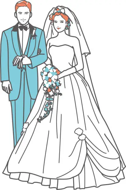 Vector illustration of Wedding bride and groom, bustier wedding dress, full-length portrait.