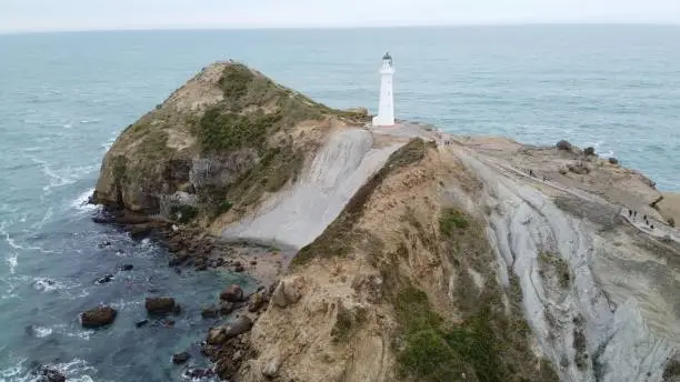 Photo of Aerial shot the Castle Point Lighthouse near the village of Castlepoint, North Island of New Zealand