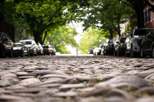 A selective focus shot of the cobblestone roads captured in an old town Alexandria