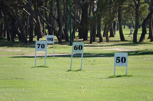 A sunny scenery of distance pointers in a golf filed