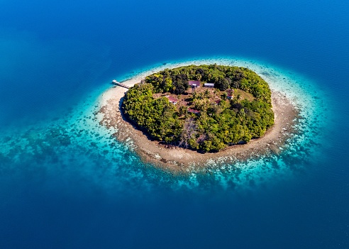 An aerial view of a small deserted island in Tonga