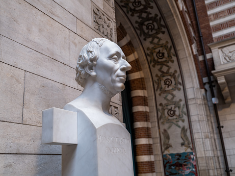 Marble bust of the world fanous Danish writer and poet, Hans Christian Andersen, in Copenhagen Town Hall. The bust was made by V. T. C. Svejstrup (1883-1946)