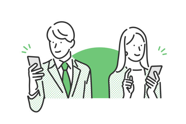 stockillustraties, clipart, cartoons en iconen met business person in a suit looking at their phone. - japanse etniciteit