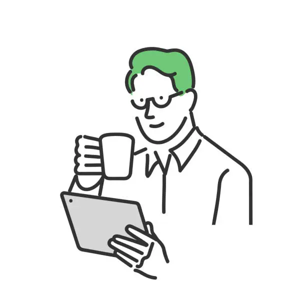 Vector illustration of business person looking at tablet with coffee in one hand