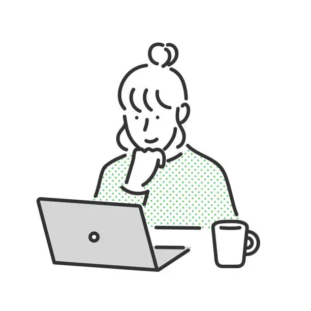 Vector illustration of Woman looking at laptop computer while drinking coffee