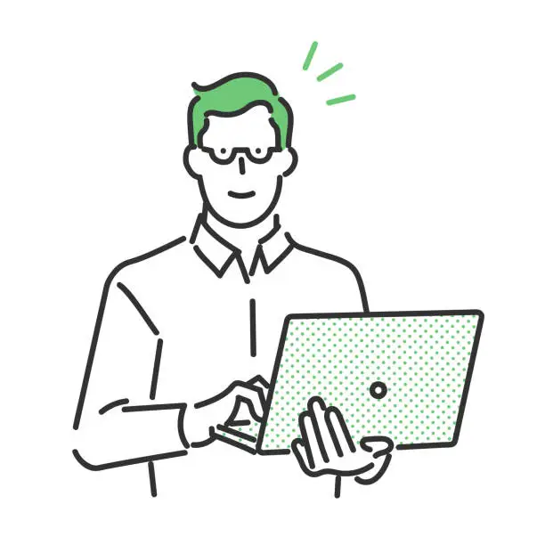 Vector illustration of businessperson with glasses holding laptop computer