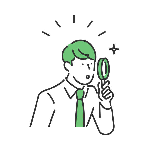 ilustraciones, imágenes clip art, dibujos animados e iconos de stock de persona de negocios investigando con lupa. - low scale magnification glass men businessman