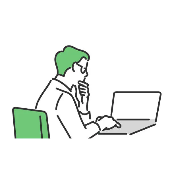 Vector illustration of business person with laptop open to research and think.