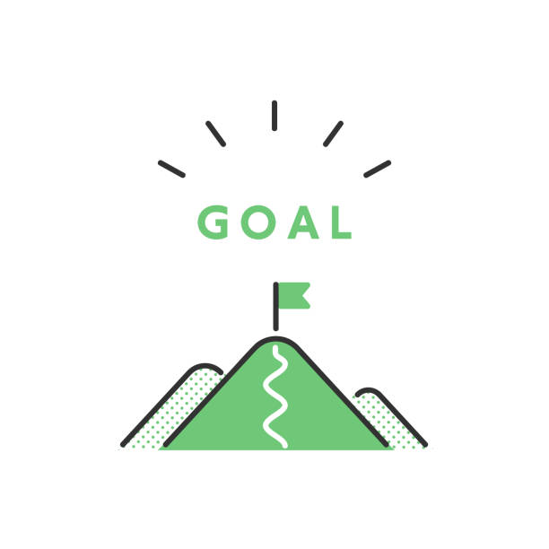 ilustraciones, imágenes clip art, dibujos animados e iconos de stock de imagen prediseñada de la bandera de la portería ondeando en la cima de la montaña-goal-setting - finish line