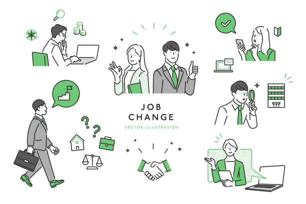 ilustraciones, imágenes clip art, dibujos animados e iconos de stock de empresario en busca de un nuevo trabajo - searching for success