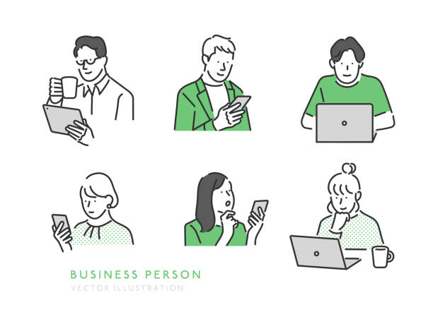 ilustrações de stock, clip art, desenhos animados e ícones de young man and woman looking up information on a smartphone or laptop. - smart phone business office vector