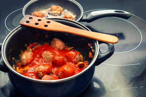 top view meatballs covered with tomato sauce. homemade food