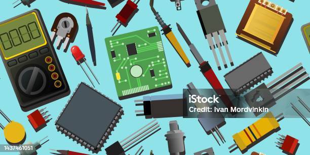 Radio Internal Components Set Of Radio Components Background Picture Scattered On Table Seamless ...