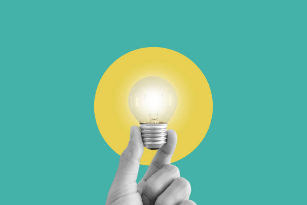 istock Hand holding glowing light bulb, Abstract digital collage, Modern Art 1437462590