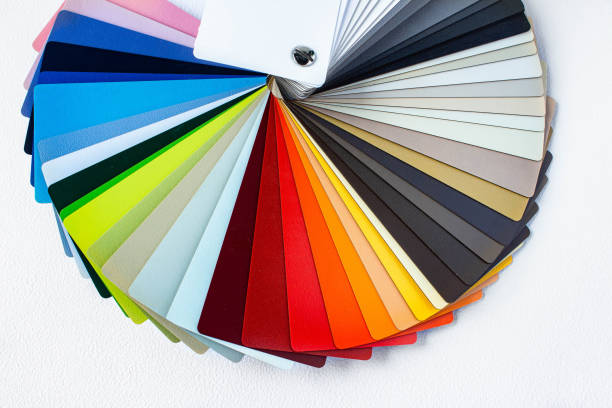 istock Colorful color guide with palette of paint samples on white background with copy space. Catalog for tinting 1437463633