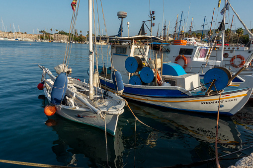 Kos Island, Greece; September 30, 2022; Traditional Greek wooden boats in Kos Marina