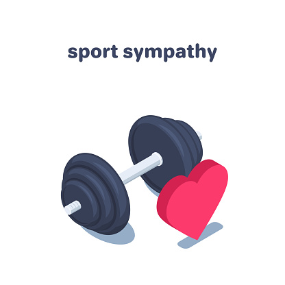 isometric vector illustration isolated on white background, dumbbell and heart icon, sport sympathy