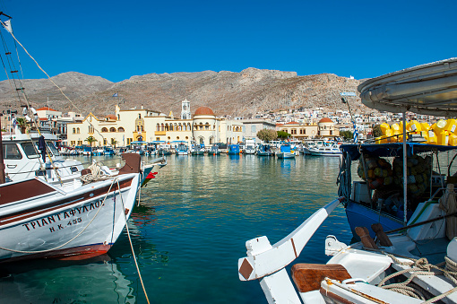 Kalymnos Island, Greece; October 20, 2022; Traditional Greek Fishermen boats in Kalymnos harbour