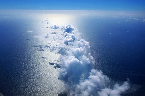 Aerial view of Black Sea Coast Above Clouds. Airplane flying over Giresun to Trabzon above clouds.