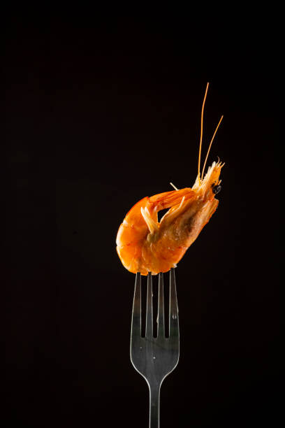 istock Steamed  shrimp steam on fork isolated black background copy space. isolated black background backlight  backlit food concept ready to eat. 1437467183