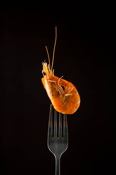 istock Steamed  shrimp steam on fork isolated black background copy space. isolated black background backlight  backlit food concept ready to eat. 1437467184