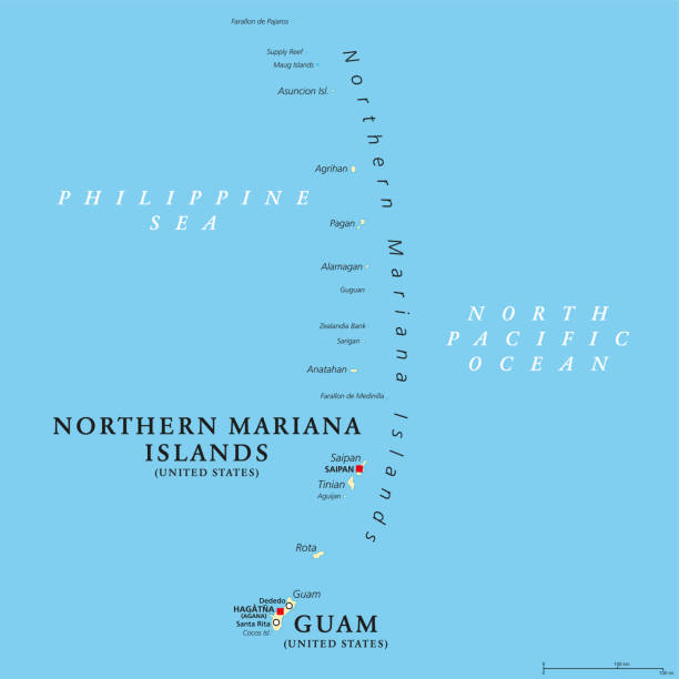 ilustraciones, imágenes clip art, dibujos animados e iconos de stock de guam e islas marianas del norte, territorios estadounidenses no incorporados, mapa político - guam