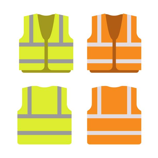 illustrations, cliparts, dessins animés et icônes de gilet de sécurité, sécurité isolée, port de l’uniforme des travailleurs et de la circulation. illustration vectorielle sur blanc - vêtement à haute visibilité