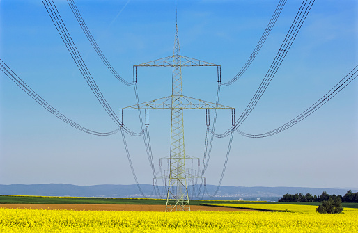 Power pole with cables and insulators in front of blue cloudless sky with rape field in bloom