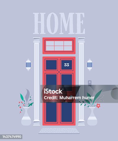 istock Vector illustration of the entrance to a beautiful house with a red door. 1437474990