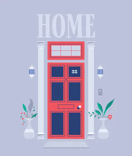 Vector illustration of Vector illustration of the entrance to a beautiful house with a red door.