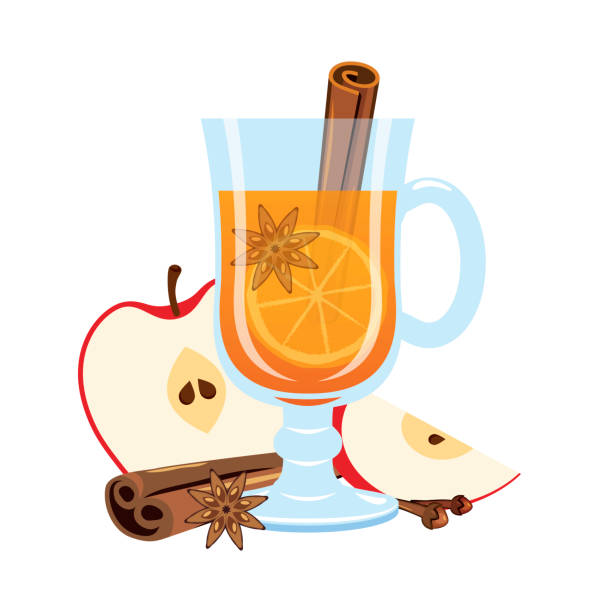 Hot apple cider drink icon vector Mulled drink with apples, lemon, cinnamon, star anise and clove still life icon isolated on a white background. Glass of winter sweet drink drawing star anise stock illustrations